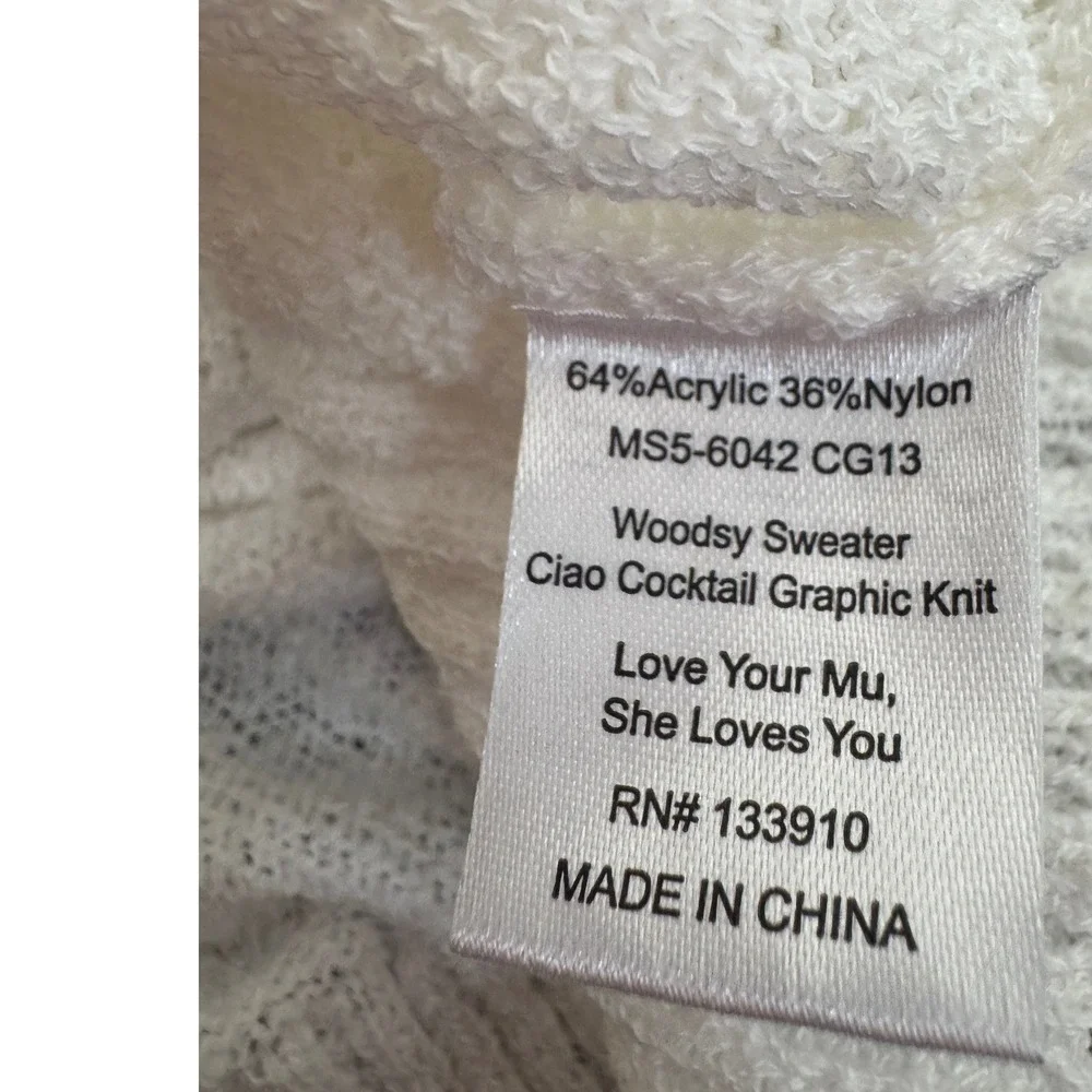 Show Me Your Mumu Woodsy Sweater Ciao Cocktail Graphic Knit White Medium NWT
